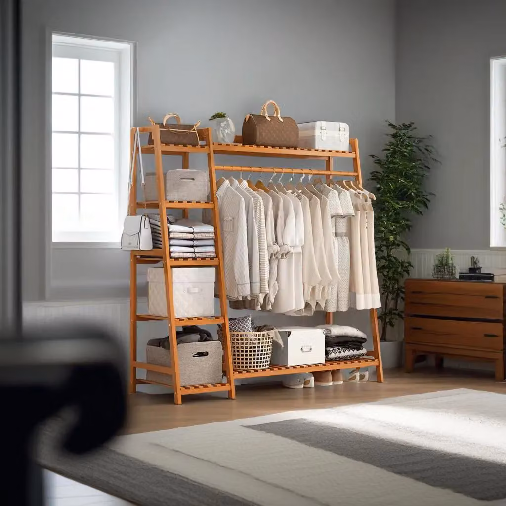 Modcraft Heavy-Duty Wooden Clothes Rail Corner Open Wardrobe in Brown, W/D/H: 140 x 40 x 130 cm – 5