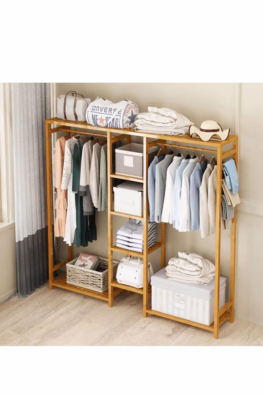 H&O Direct Modern Wooden Clothes Rail with Dual Hook and Rail Matrix in Brown – 2