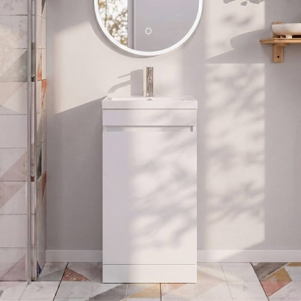 Balterley White 400mm Floor Standing 1 Door Compact Bathroom Unit with Polymarble Basin – 3