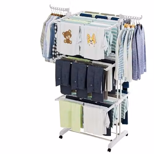 Neo 4 Tier Folding Clothes Horse Drying Rack with Side Wings and Wheels, Stainless Steel, White – 1