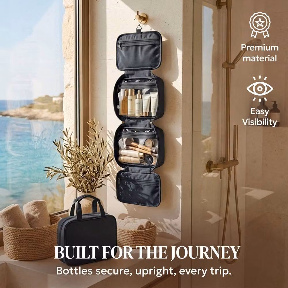 Lugg Waterproof Travel Toiletry and Makeup Bag with Hanging Hook, Black, W: 19 cm, D: 8 cm, H: 25 cm – 7