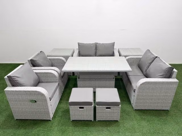 Fimous 8 Seater Rattan Garden Furniture Set in Grey with U-Shape Sofa, Reclining Chairs, Ottomans, and Adjustable Coffee Table