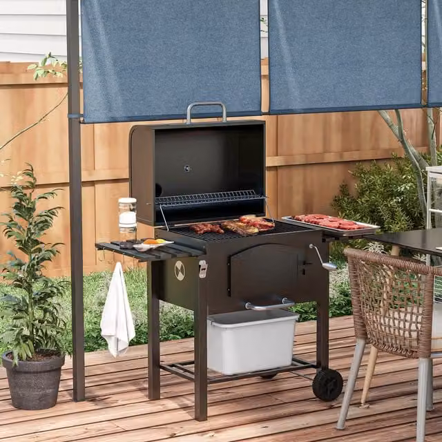 OUTSUNNY Portable Charcoal BBQ Grill Smoker with Thermometer and Folding Shelves in Black – 1