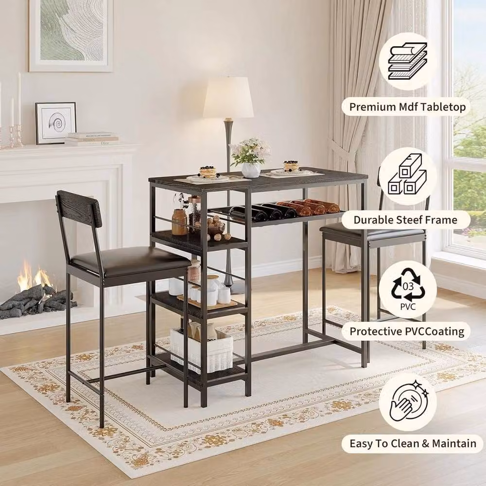 VOGREX 3-Piece Modern Square Dining Set with 2 Stools and Wine Rack in Black – 4