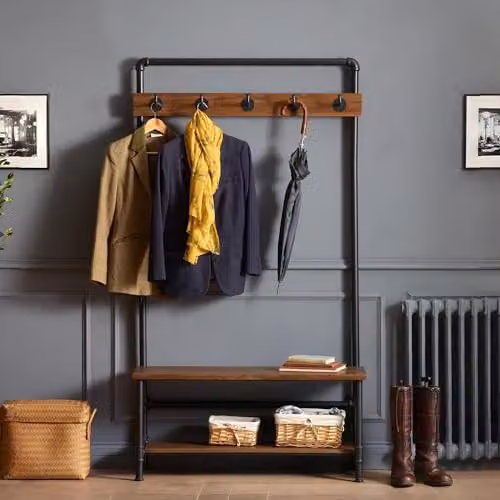 Julian Bowen Boston Industrial Hall Tree with Bench and Shoe Rack, Black and Brown, W: 100 cm, D: 35 cm, H: 180 cm – 1