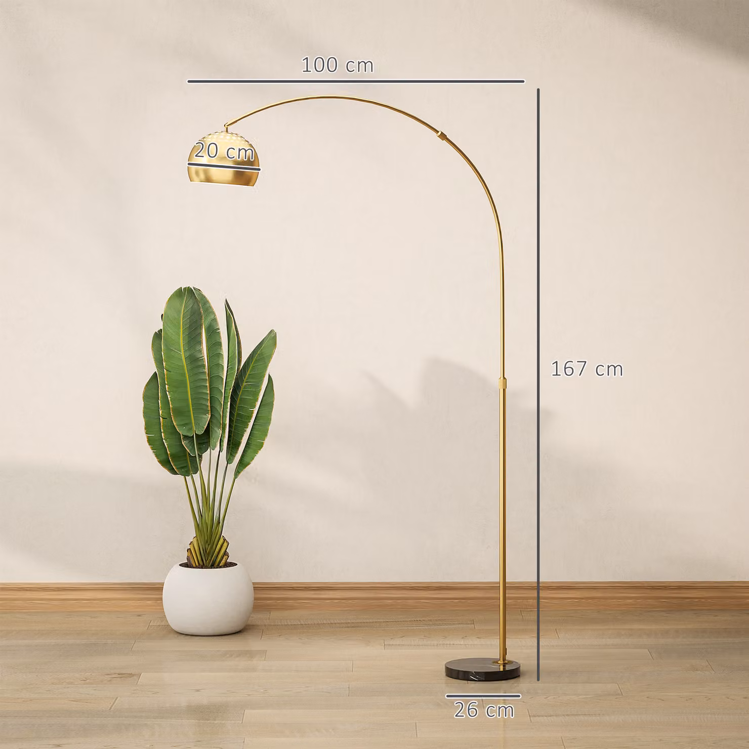 HOMCOM Modern Arc Floor Lamp with Gold Tone Finish and Black Marble Base for Living Room, Home Office or Bedroom – 3