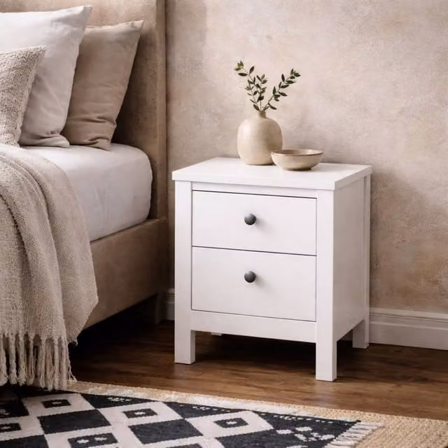 Wyld Haus Gossmere White Wooden Bedside Table with 2 Drawers and Silver Handles, H: 54.1 cm, W: 38.4 cm, D: 43.6 cm – 1
