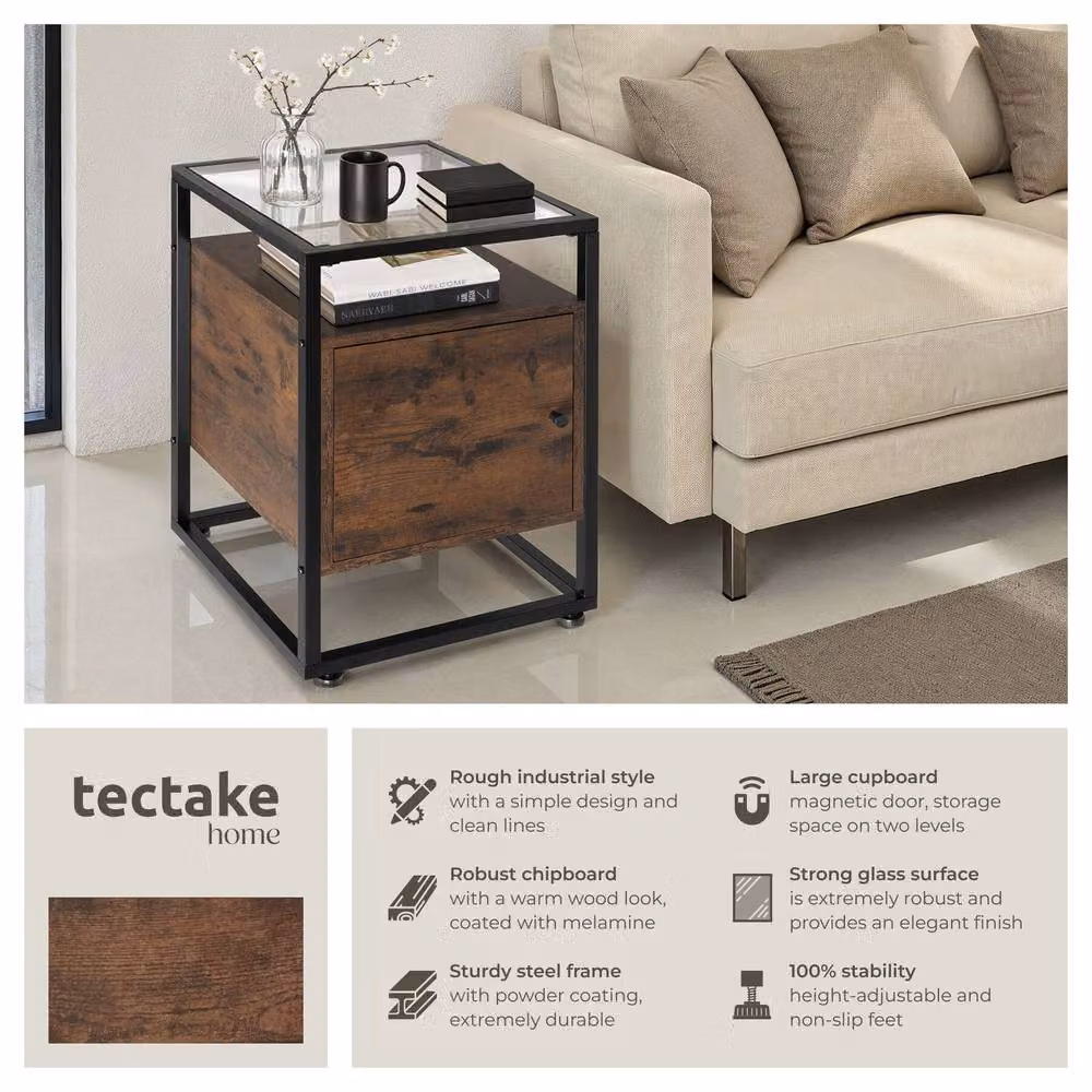 tectake Dudley Nightstand with 3 Shelves and Magnetic Door in Brown – 2