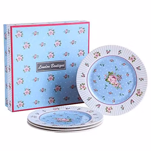 London Boutique Set of 4 Floral Blue Porcelain Fine Bone China Wide Rimmed Cake Plates