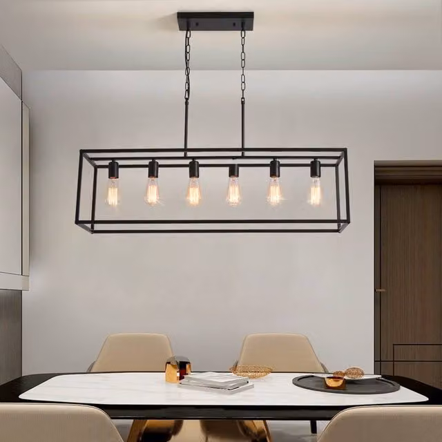 NIVOR 6-Light Industrial Iron Cage Flush Mount Ceiling Pendant in Black for Kitchen and Dining Rooms – 1
