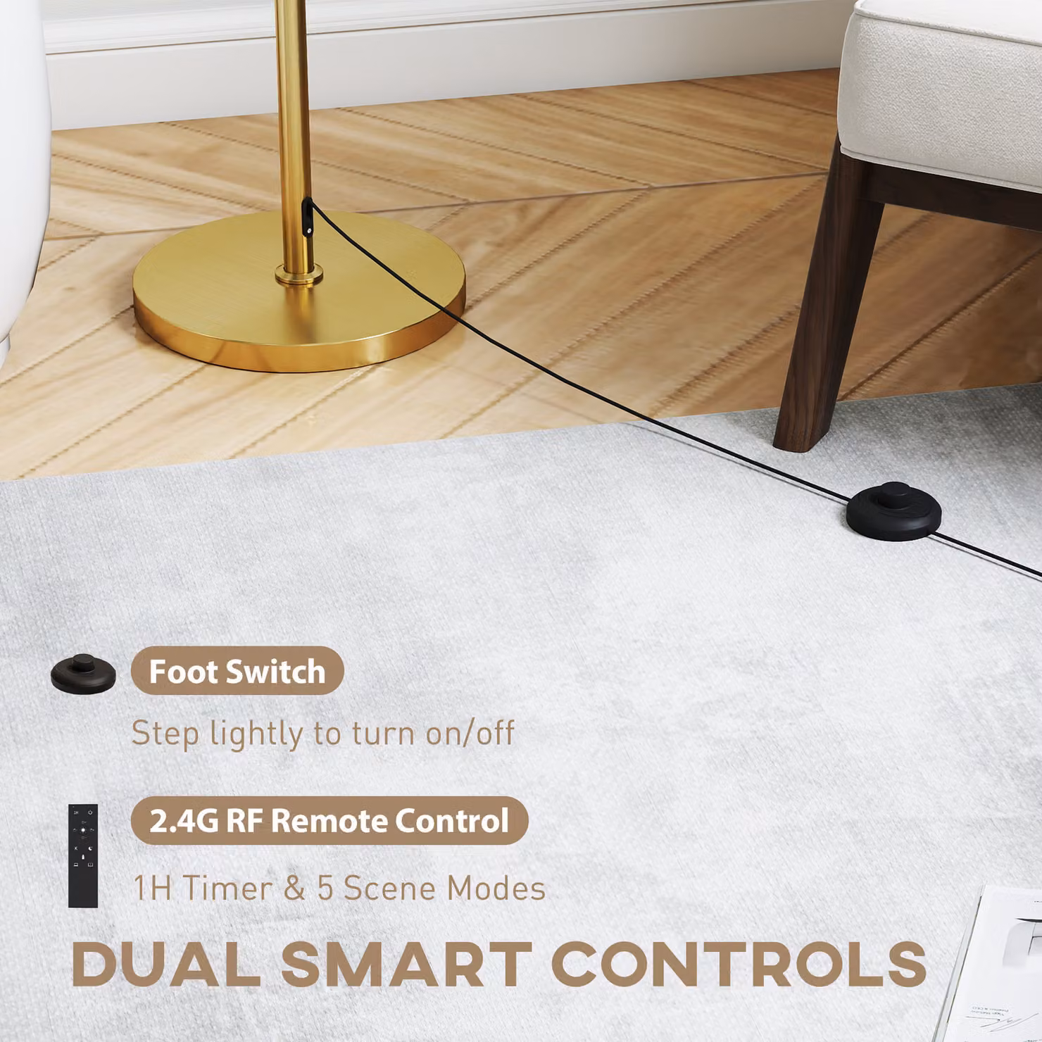 HOMCOM Gold Floor Lamp with Remote, Height Adjustable Dimmable Standing Lamp with Fabric Shade and Foot Switch for Living Room, Bedroom or Office – 4