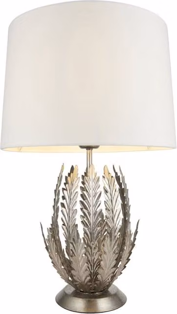 Loops Ornate Silver Table Lamp with Beige Fabric Shade and Decorative Leaf Design