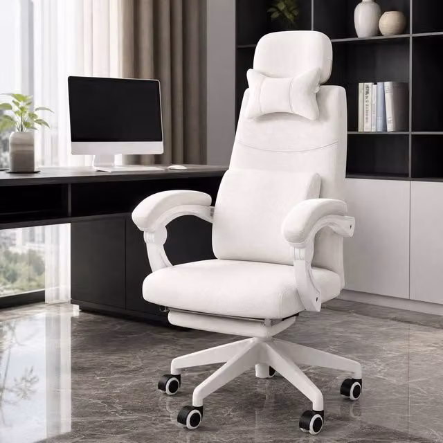 STILVORA White Fabric Office Chair with Reclining Back, Headrest, and Footrest, W/D/H: 62 x 120 x 127 cm