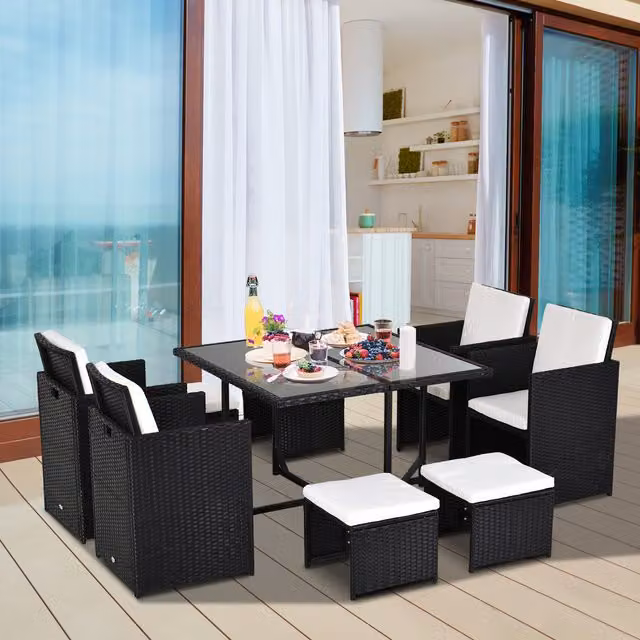 Outsunny 9 Piece Rattan Garden Furniture Set with Glass Top Dining Table in Black