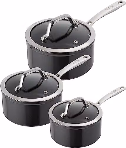 Kuhn Rikon Easy Pro 3-Piece Non-Stick Saucepan Set in Silver and Black with Stainless Steel and Glass Lids – 1