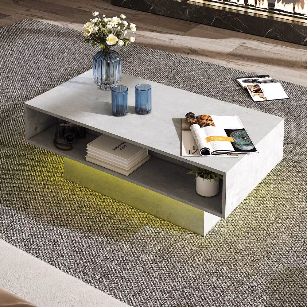 KEEPREAPER Modern Grey LED Coffee Table with 2-Tier Storage, W/D/H: 108 x 55 x 40 cm – 2