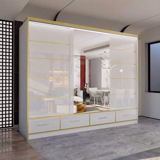Sliding Wardrobes 4U Modern High Gloss Wardrobe with LED Lighting and Mirror Doors, White, W: 253 cm, H: 220 cm – 1