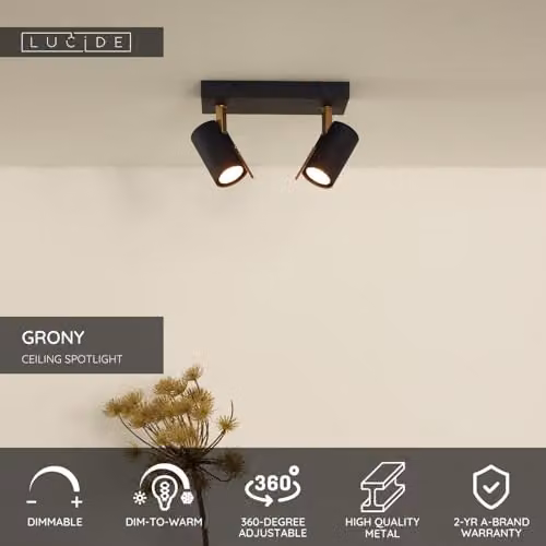 Lucide Grony Dimmable and Adjustable LED Twin Ceiling Spotlight, GU10, Black and Gold/Brass – 2