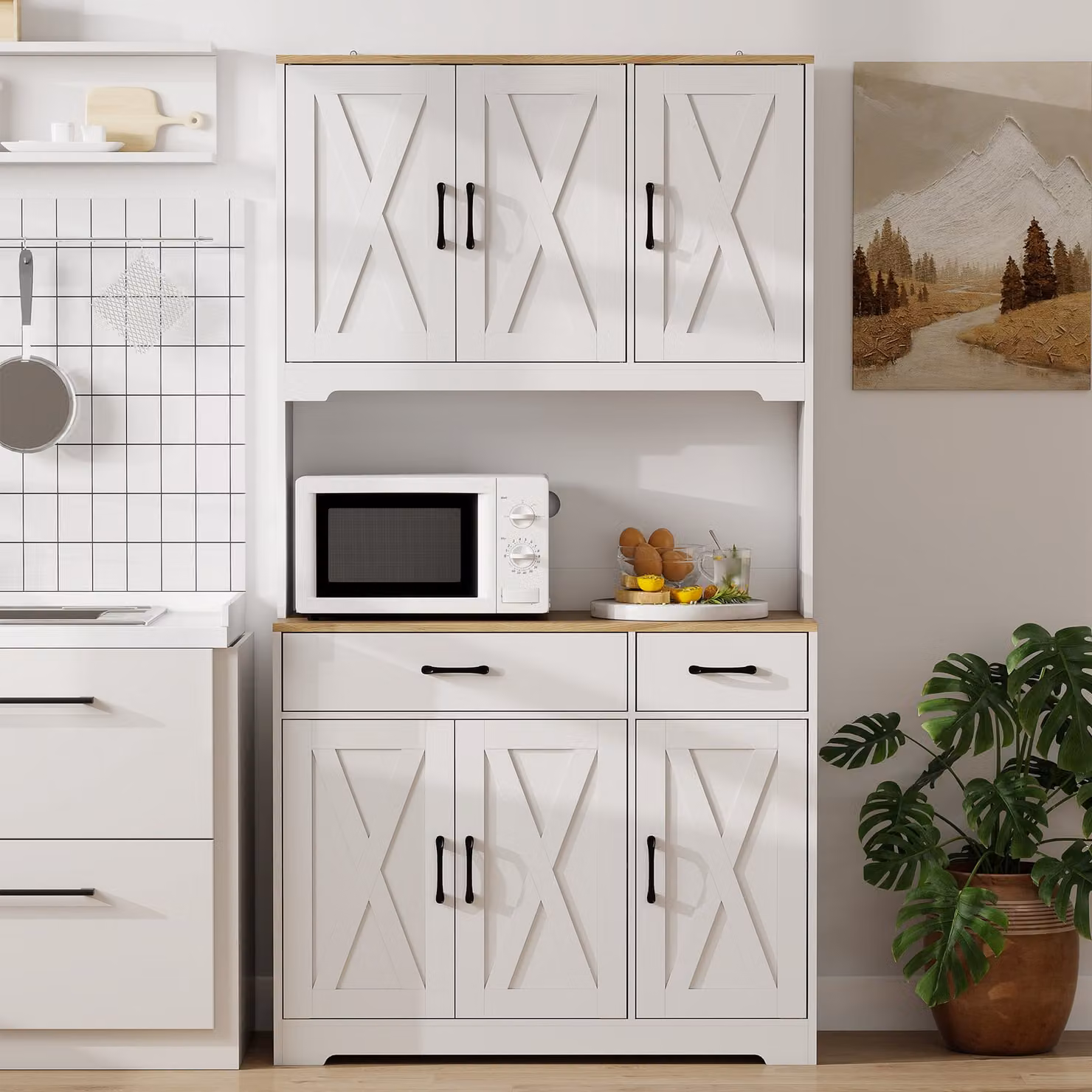 HOMCOM White Freestanding Tall Kitchen Pantry Cabinet with Microwave Stand and Internal Shelves, Height: 175 cm – 2