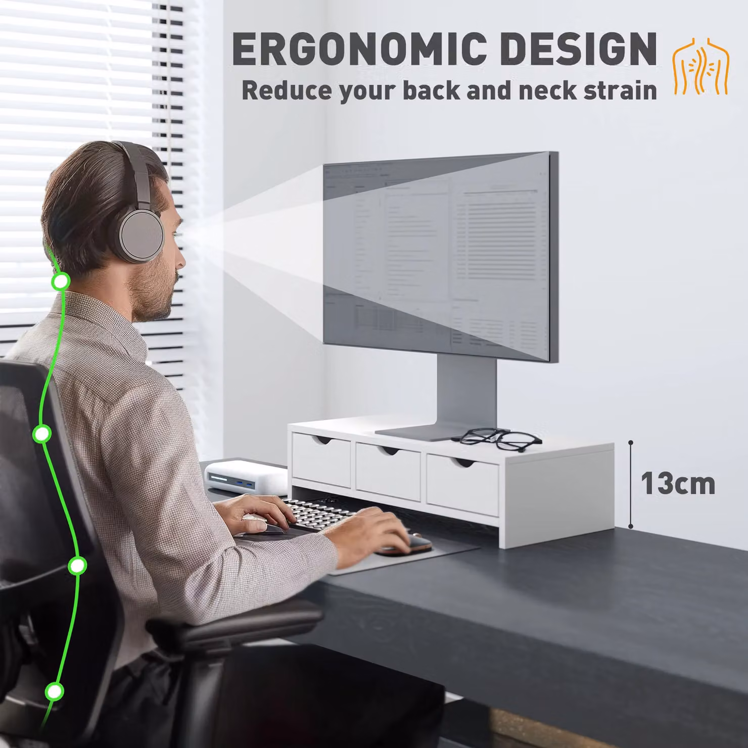HOMCOM Monitor Stand Riser with 3 Drawers for Laptop, Computer or PC, White, W: 51 cm, D: 24 cm, H: 13 cm – 5