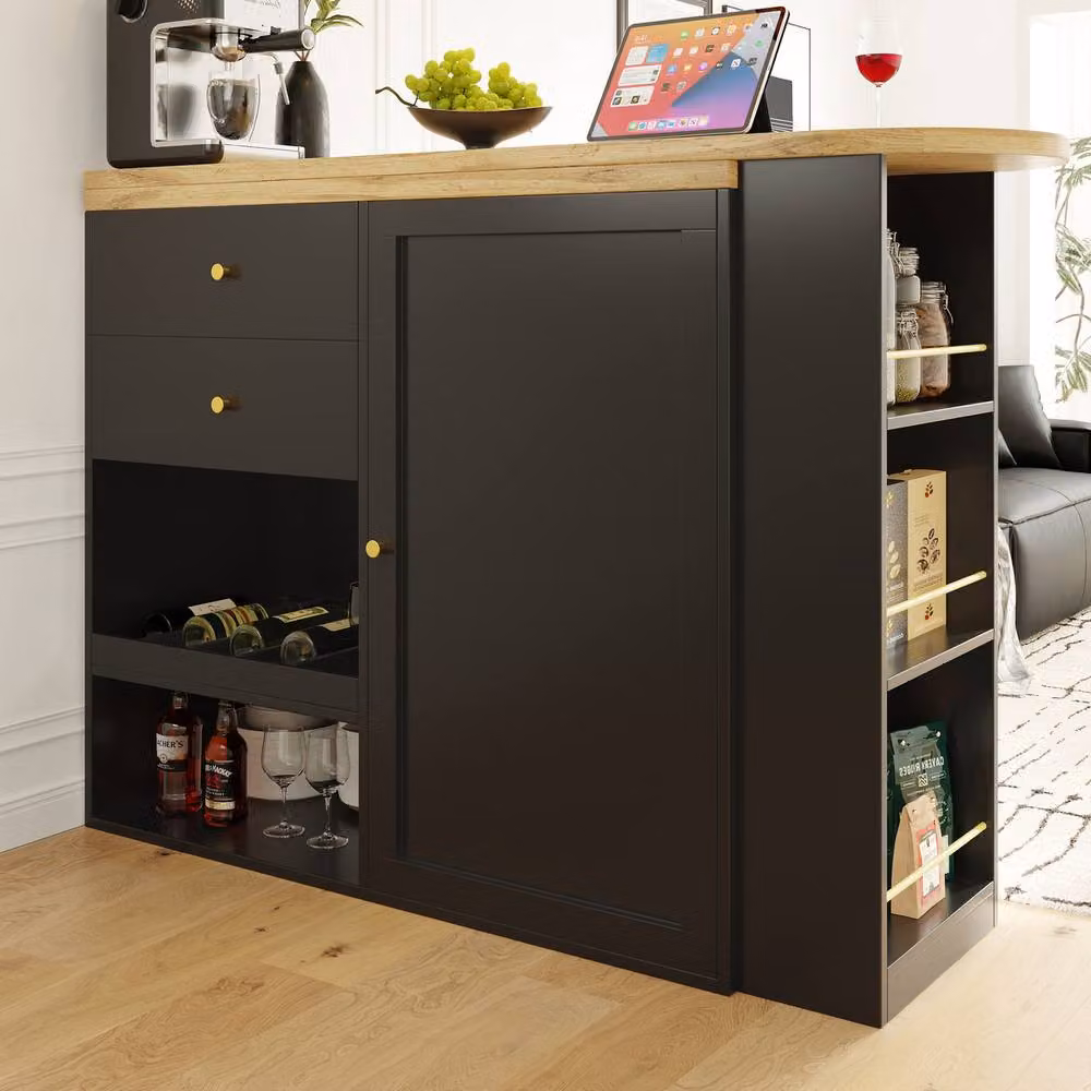 Rolipo 360 Swivelling Bar Table with 2 Drawers and Sliding Door Cabinet in Black and Gold – 7