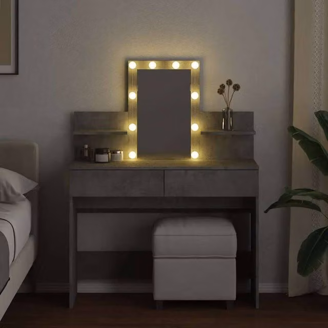 Berkfield Home Beautiful Modern Dressing Table with Hollywood LED Mirror in Concrete Grey W/D/H: 100 x 40 x 130 cm – 1