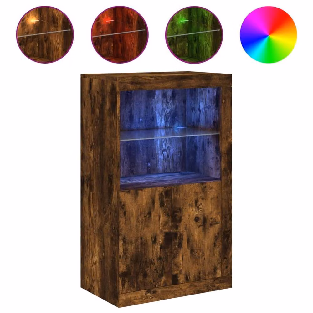 Berkfield Home Side Cabinet in Smoked Oak with Glass Doors and Integrated LED Lights, Brown, W/D/H: 100 x 37 x 60.5 cm – 2