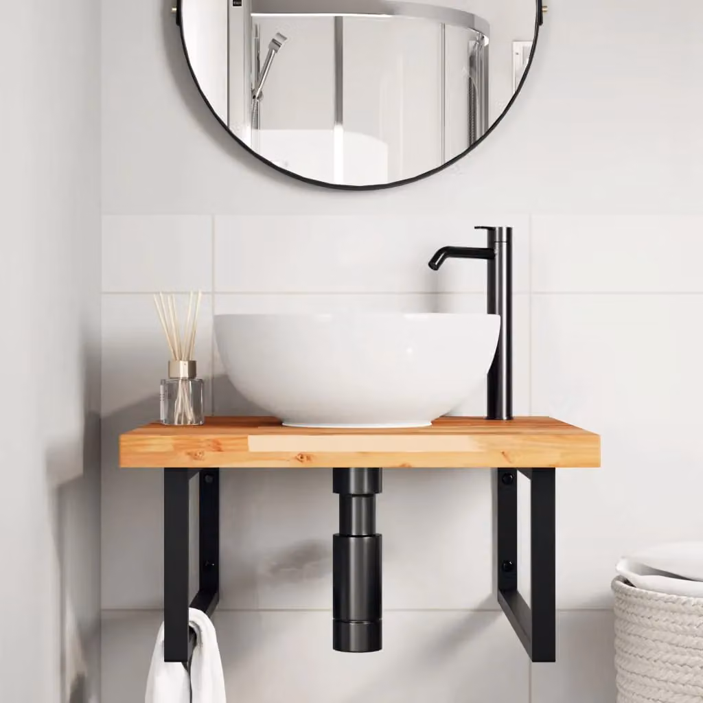 Berkfield Home Wall Mounted Basin Shelf in Brown Acacia Wood and Steel – 2