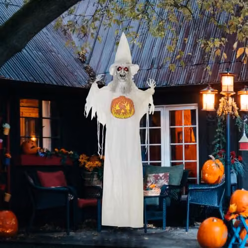 HOMCOM Hanging White Witch Halloween Prop with Sound and Motion Activation, Height: 182.88 cm – 5