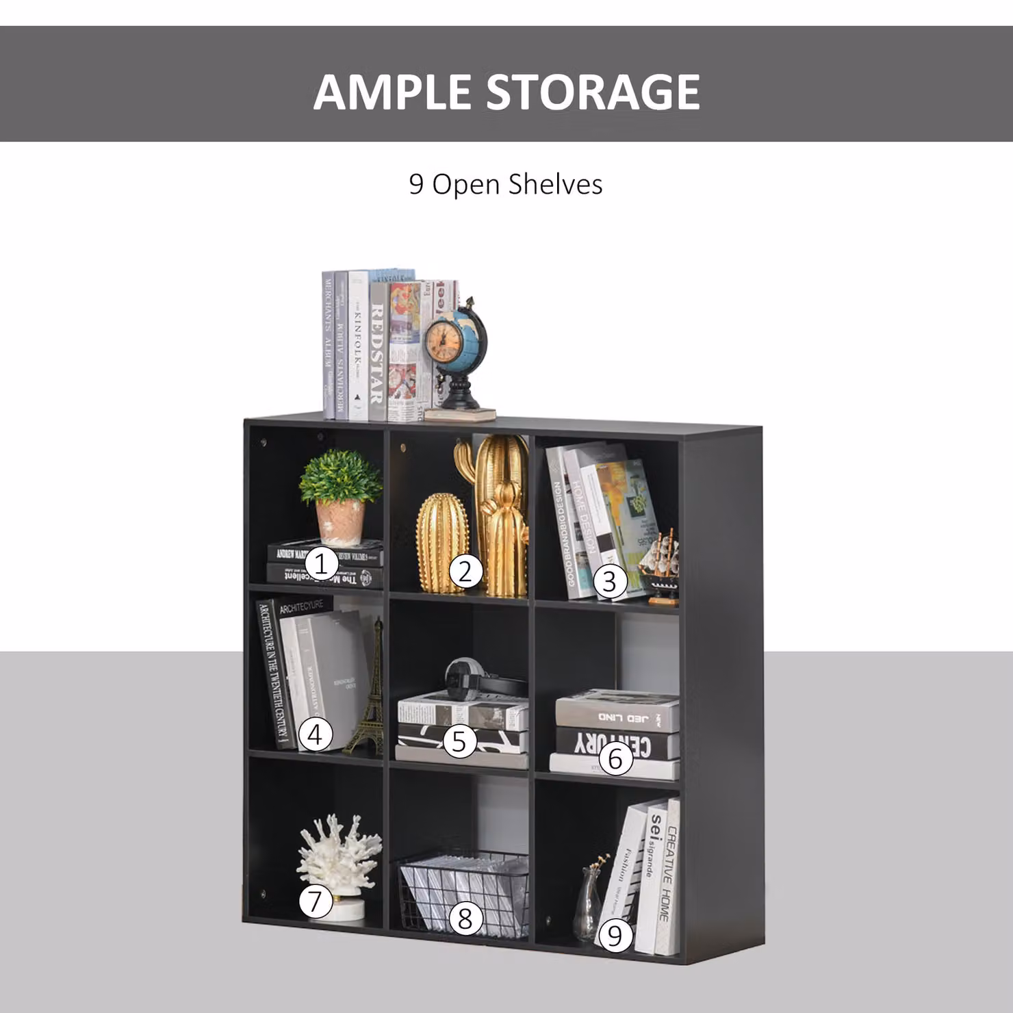 HOMCOM 3-Tier 9-Cube Storage Unit and Bookcase Organiser in Black MDF – 5
