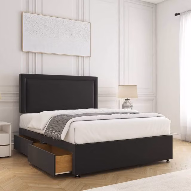 BSSPOKE Ella Plush Velvet Small Double Divan Bed with 24 inch Headboard, 2 Drawers and Mattress in Black, W/D/H: 120 x 200 cm