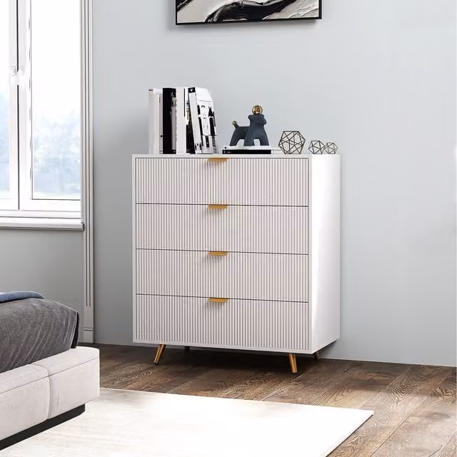 HOMCOM Modern White Bedroom Chest of Drawers with 4 Fluted Drawers and Gold Accents