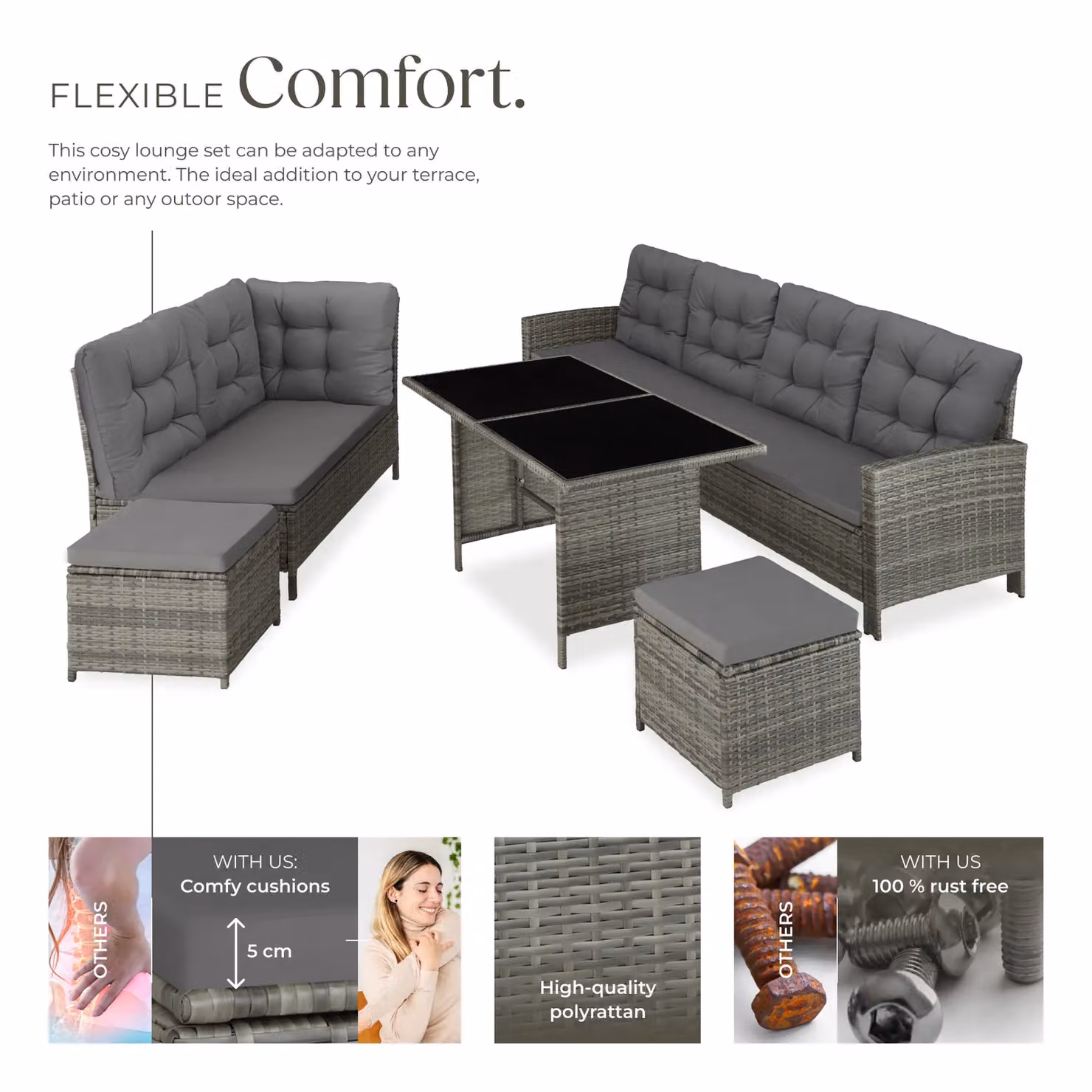 tectake 8 Seater L-Shape Garden Furniture Set in Grey with Upholstered Cushions, Ottoman and Coffee Table – 3