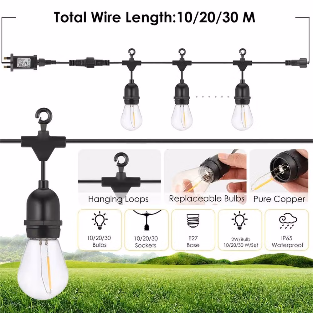 NESTLUNE Heavy Duty LED Outdoor Festoon String Lights, E27, IP65 Waterproof, Warm White, Black, 20m – 3