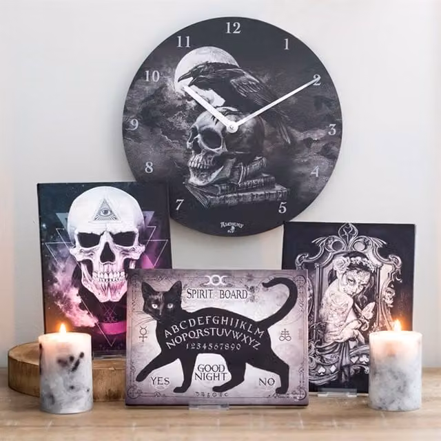 Alchemy Gothic Black Cat Spirit Board Canvas Plaque, Black, H 25.0 x W 19.0 cm