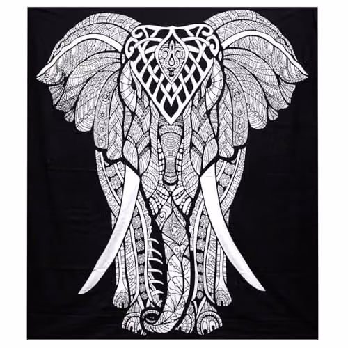 Beespoke Gifts B&W Double Cotton Bedspread and Wall Hanging Set with Elephant Animal Print in Black and White, W: 230 cm, D: 200 cm, H: 230 cm – 1