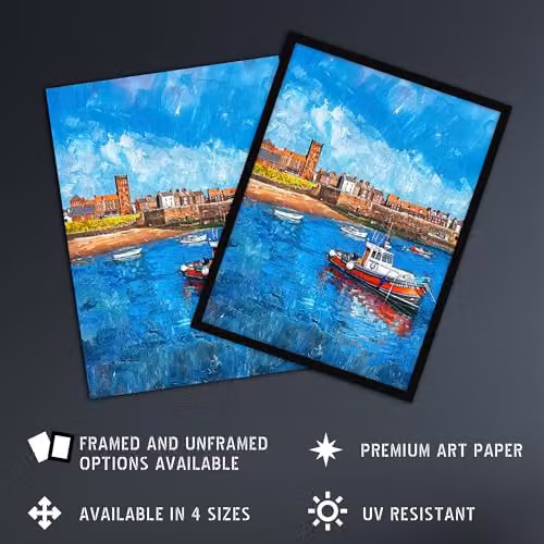 Artery8 North England Coastal Town Fishing Boats Framed Wall Art Print, Blue, A4 – 2