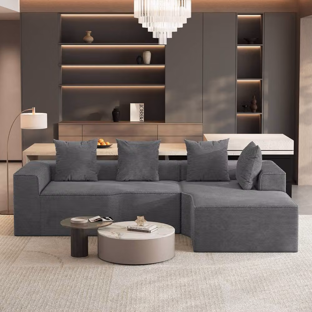 Dprodo Grey Corduroy Right L-Shaped Modular Sofa with Scatter Cushions, Width: 320 cm – 2
