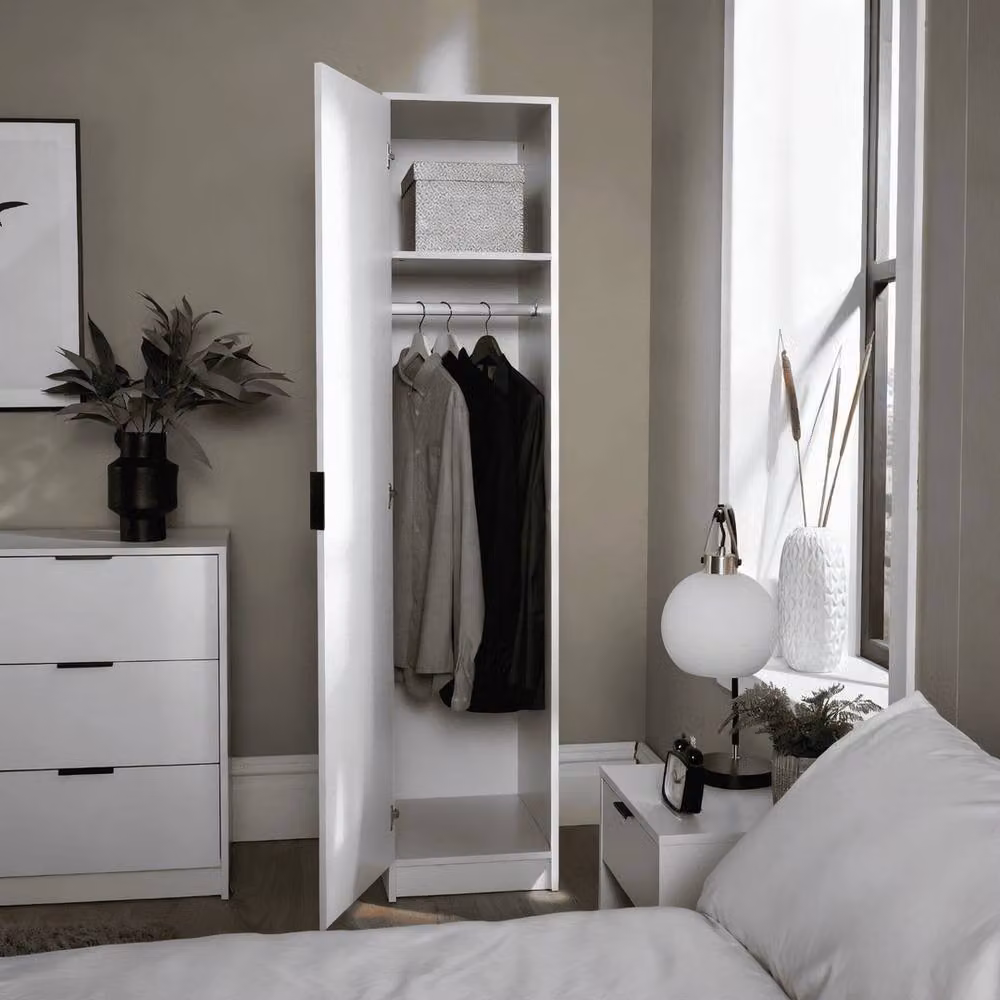 FORGEVIO Modern Single Door Wardrobe in White with Internal Shelves and Hanging Rod – 3
