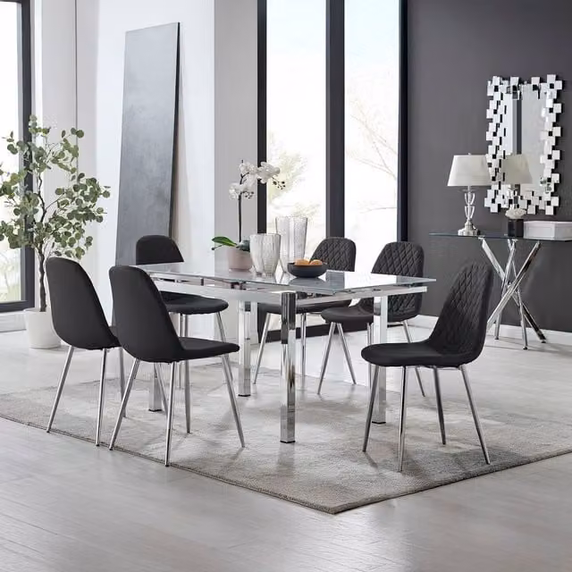 Furniturebox Enna White Glossy Glass Extending Dining Table and 6 Corona Silver Leg Chairs in Black