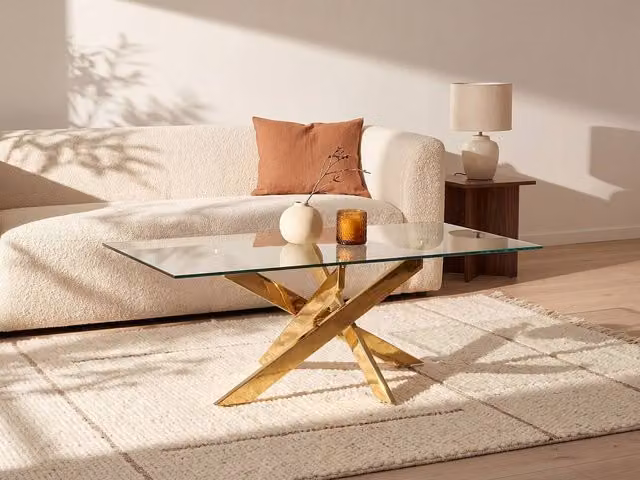 COSIMA Round Tempered Glass and Gold Metal Coffee Table in Transparent and Gold – 1