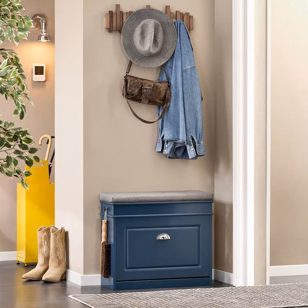 SoBuy Slim Entrance Shoe Cabinet with Flip-Down Storage in Dark Blue – 6