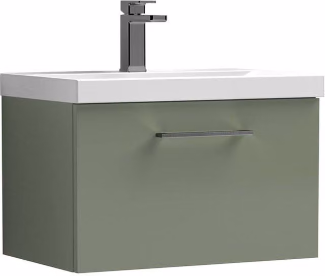 Balterley 600mm Wall Hung 1 Drawer Vanity Basin Unit in Satin Green with Pewter Handle