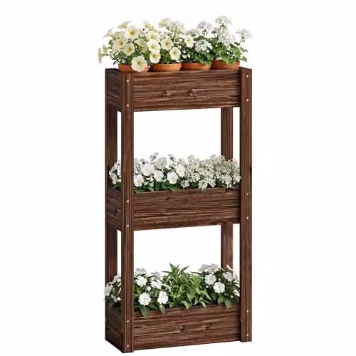 Outsunny 3-Tier Brown Wooden Raised Planter Garden Bed, W/D/H: 60 x 25 x 120 cm