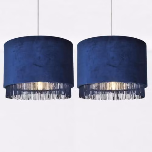 First Choice Lighting Set of 2 Navy Blue Velvet Easy Fit Round Tassled Light Shades with Chrome Detail – 1