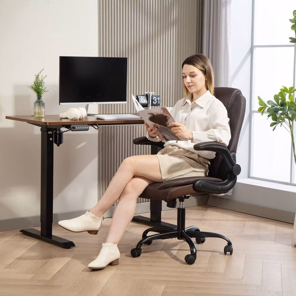 ERGOVEXA Brown Faux Leather Office Chair with Flip-Up Armrests and Headrest – 3