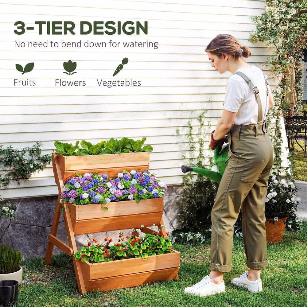 Outsunny Brown 3-Tier Wooden Raised Garden Bed for Vegetables, Herbs and Ornamental Plants – 3