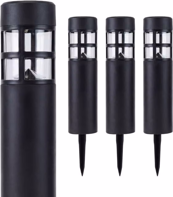 Gardenwize Pack of 4 Solar LED Pillar Stake Lights in Black with Warm White Illumination – 1