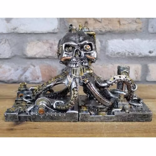 Gifts Direct 2 U Steampunk Octopus Skull Metal Bookends in Gold and Multicolour, 2-Piece Set – 3