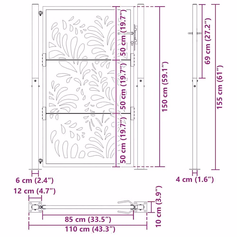 Berkfield Home Beautiful Garden Gate in Black Steel with Wave Design, W: 105 cm, H: 155 cm – 6